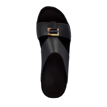 Black leather sandal with gold buckle from premium Deercalf footwear collection