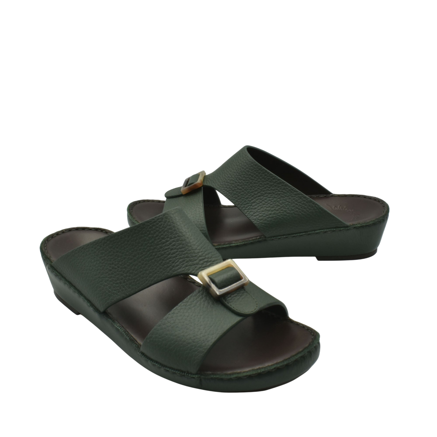 Dark green premium Deercalf footwear slide sandals with adjustable buckles from Private Collection