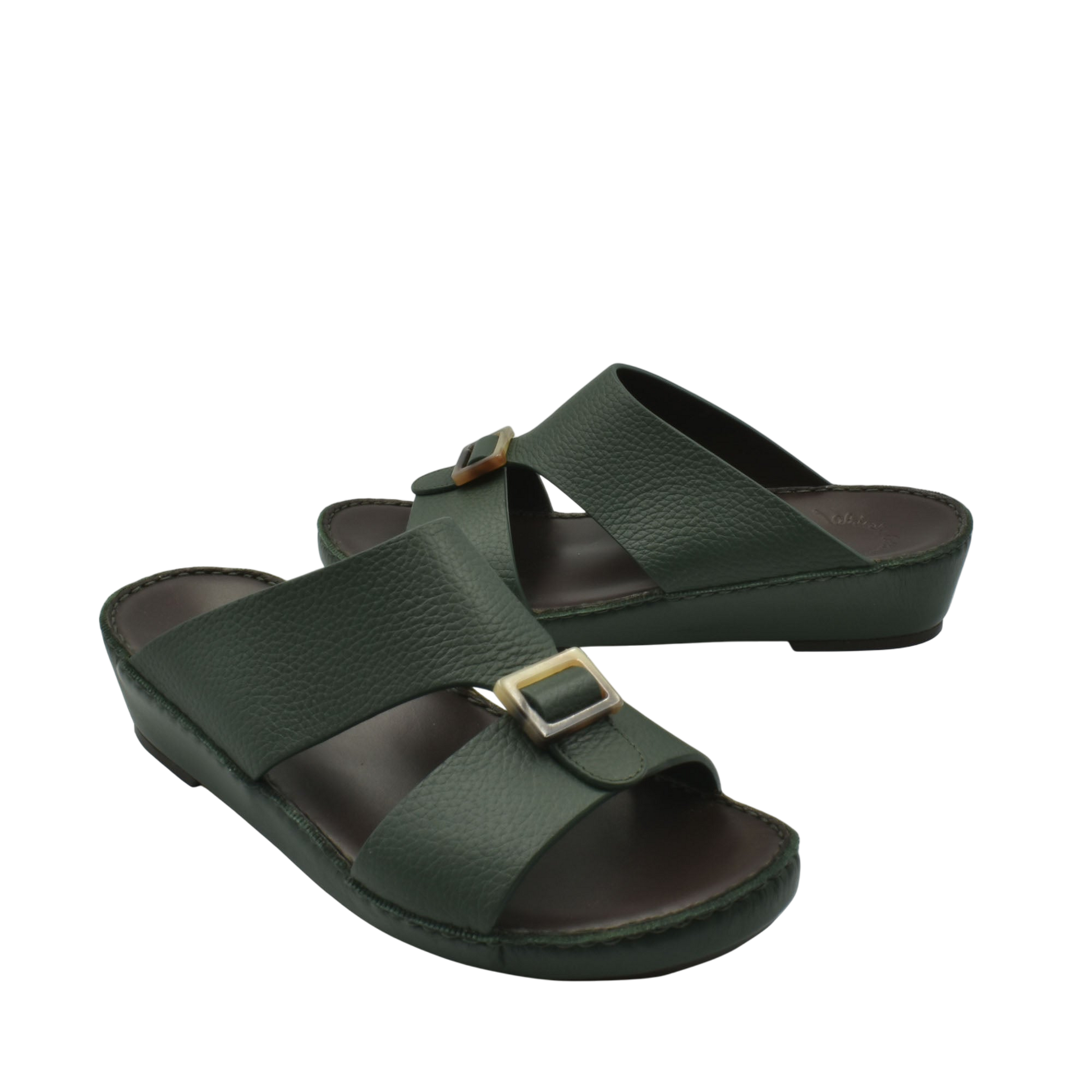 Dark green premium Deercalf footwear slide sandals with adjustable buckles from Private Collection