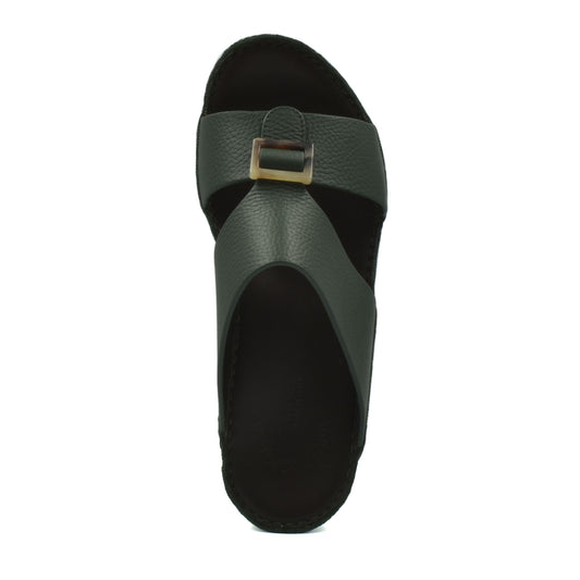 Top view of green premium Deercalf footwear sandal with buckle strap from Private collection
