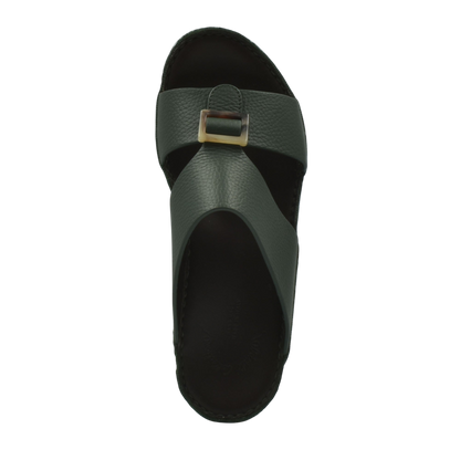 Top view of green premium Deercalf footwear sandal with buckle strap from Private collection