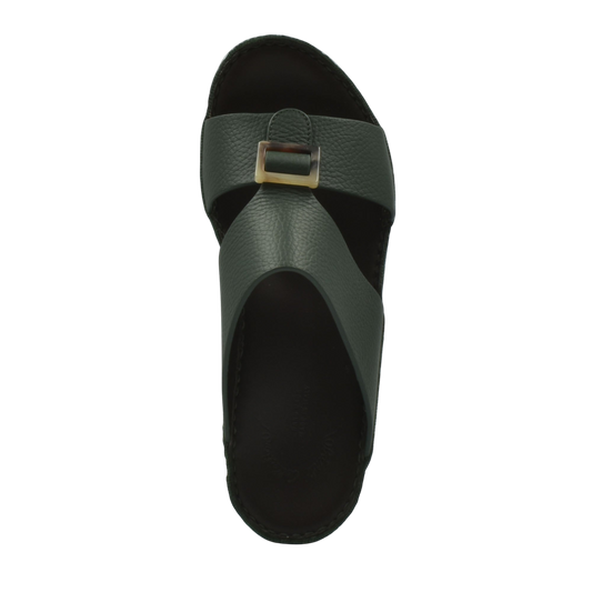 Top view of green premium Deercalf footwear sandal with buckle strap from Private collection