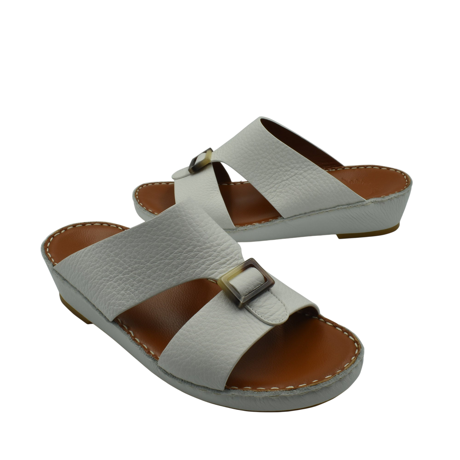 White premium Deercalf footwear slide sandals with brown footbed and buckle detail