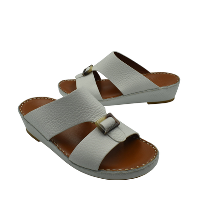 White premium Deercalf footwear slide sandals with brown footbed and buckle detail