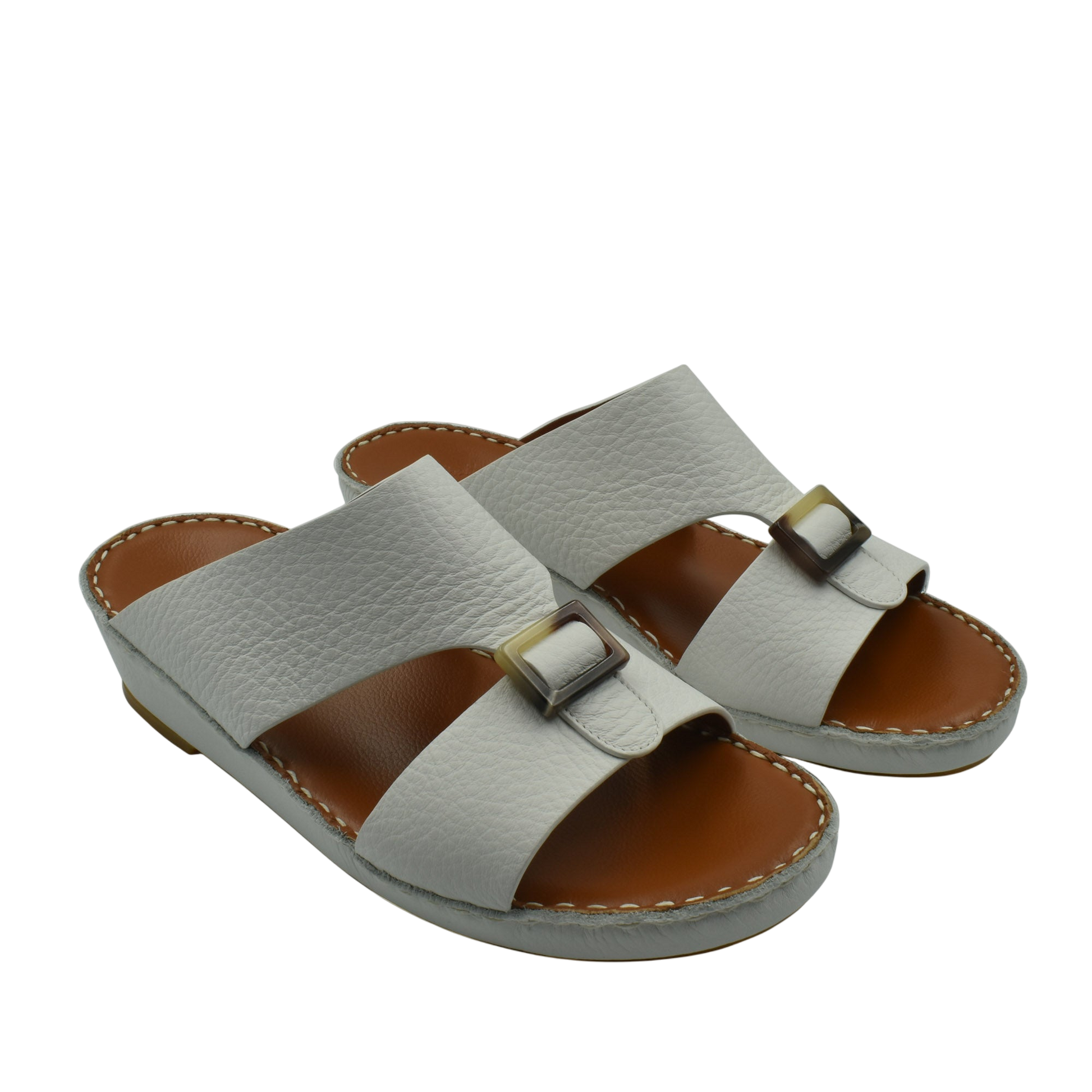 White premium Deercalf footwear slide sandals with adjustable buckle straps and cushioned brown footbed