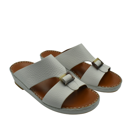 White premium Deercalf footwear slide sandals with adjustable buckle straps and cushioned brown footbed