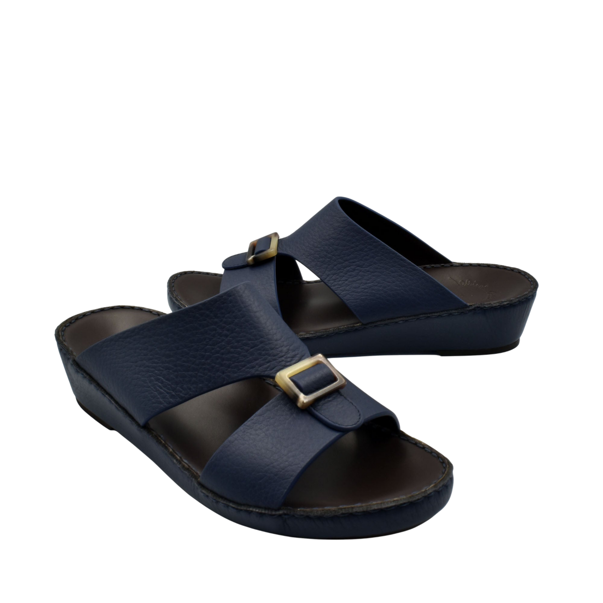 Navy blue premium Deercalf footwear slide sandals with adjustable buckle straps from Private collection