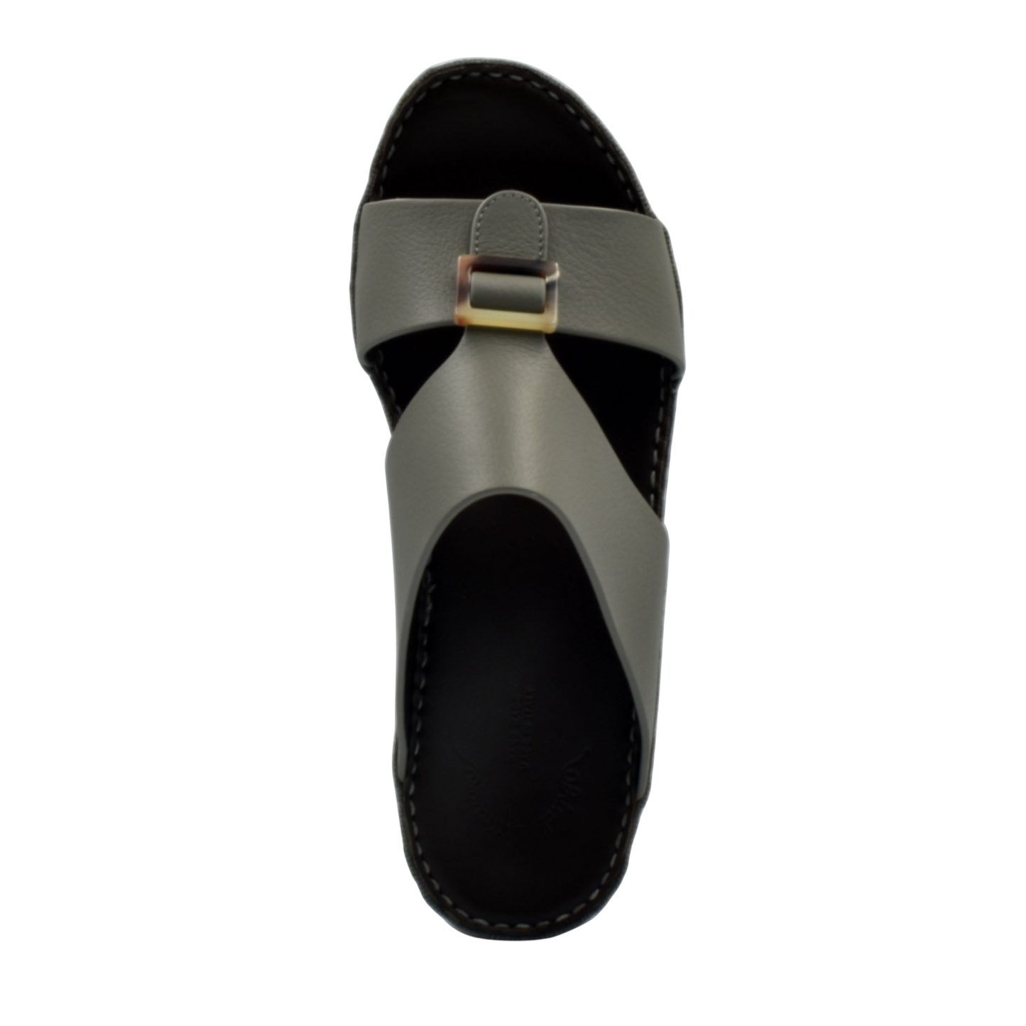 Top view of premium Deercalf footwear slide sandal with black sole and olive leather strap