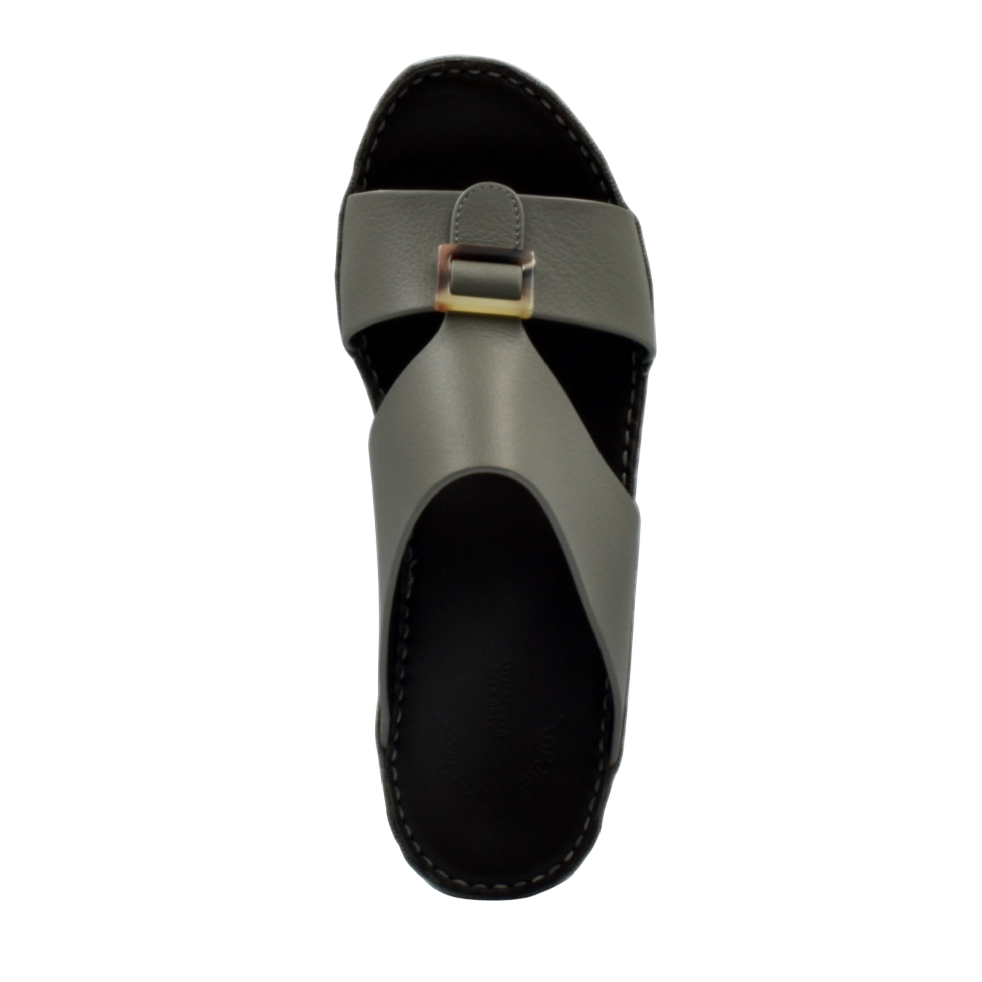 Top view of premium Deercalf footwear slide sandal with black sole and olive leather strap