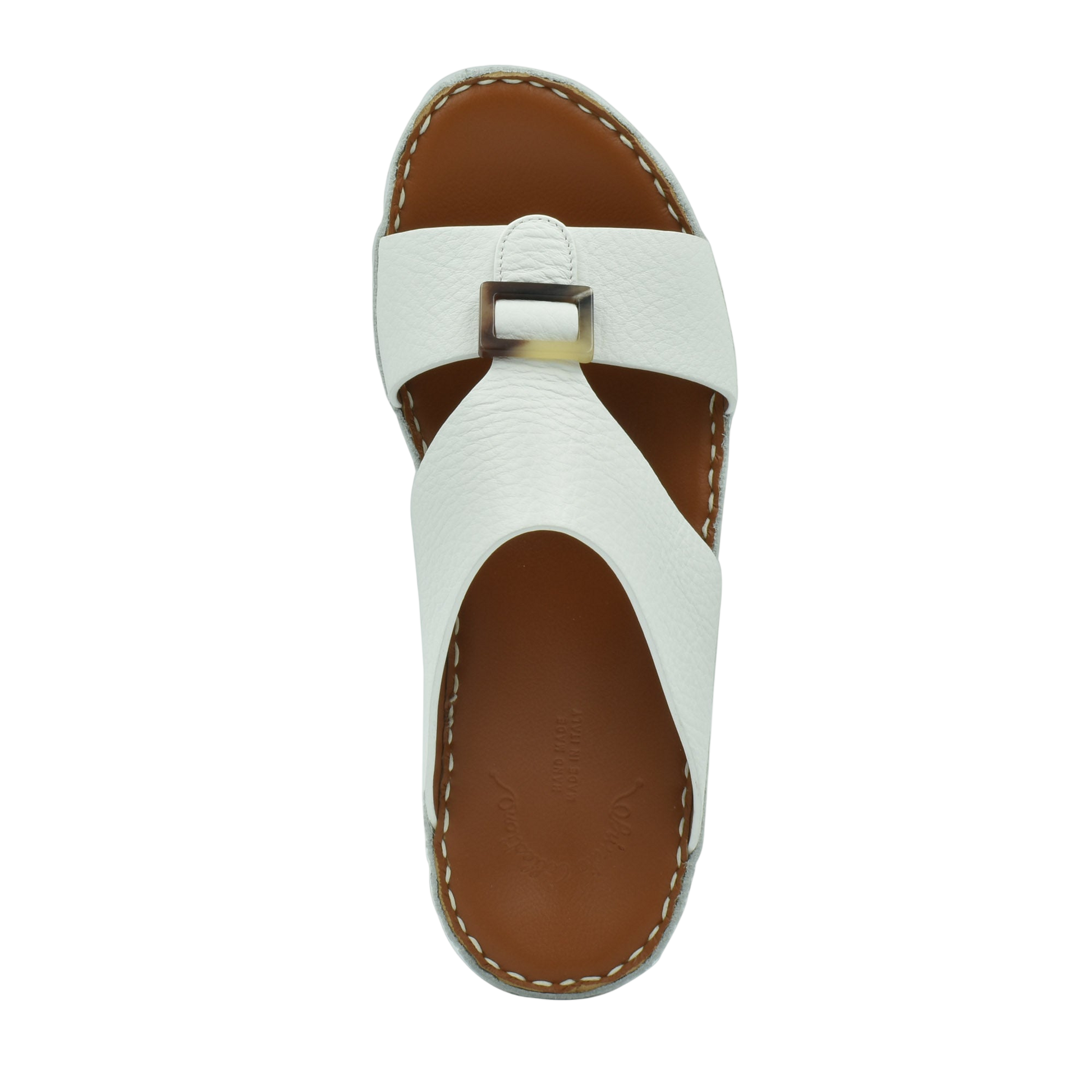 White sandal with buckle detail from premium Deercalf footwear collection in brown sole