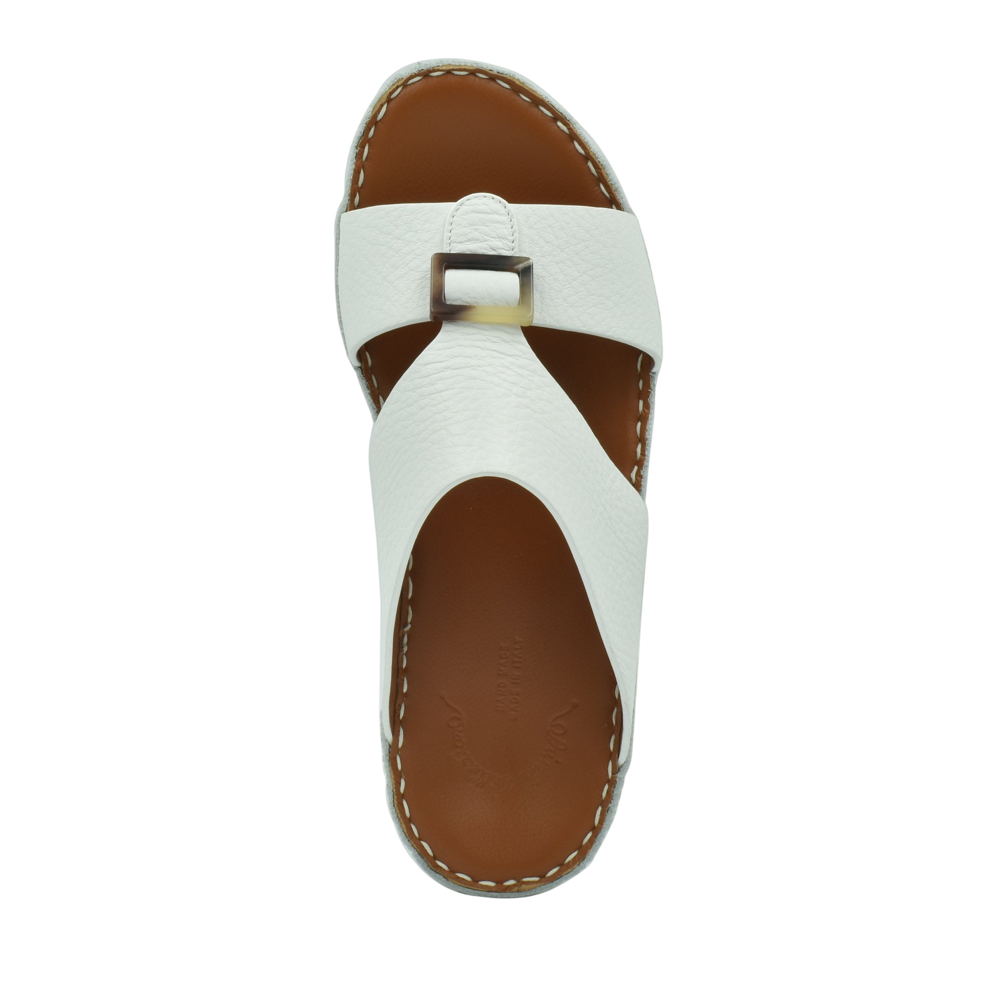 White sandal with buckle detail from premium Deercalf footwear collection in brown sole