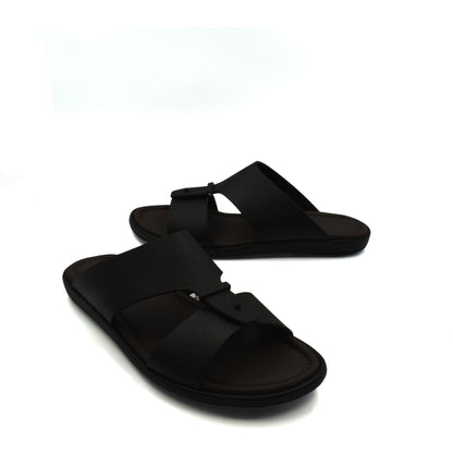 Black premium leather sandal with adjustable straps and cushioned sole for comfortable wear