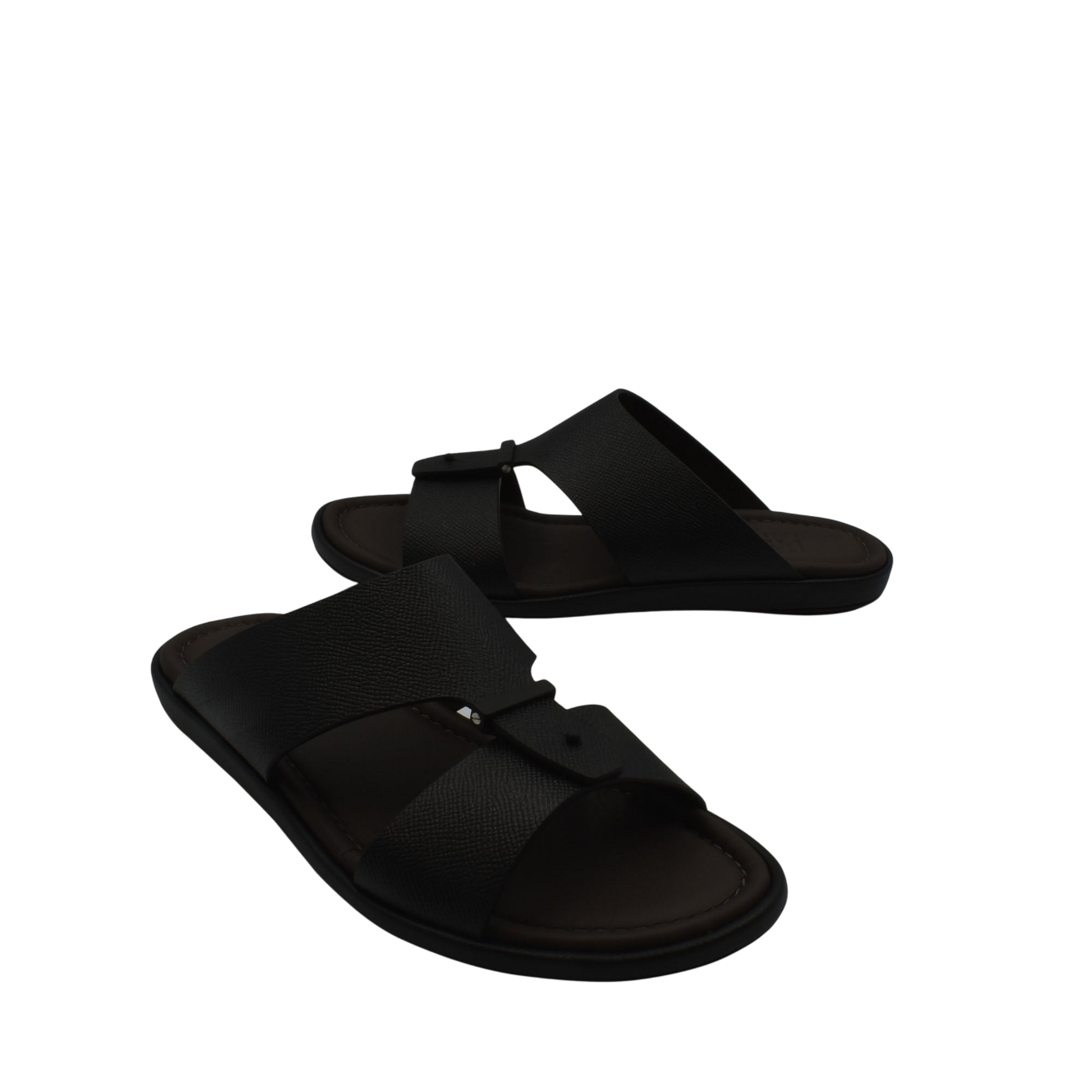 Black premium leather sandal with adjustable straps and cushioned sole for comfortable wear