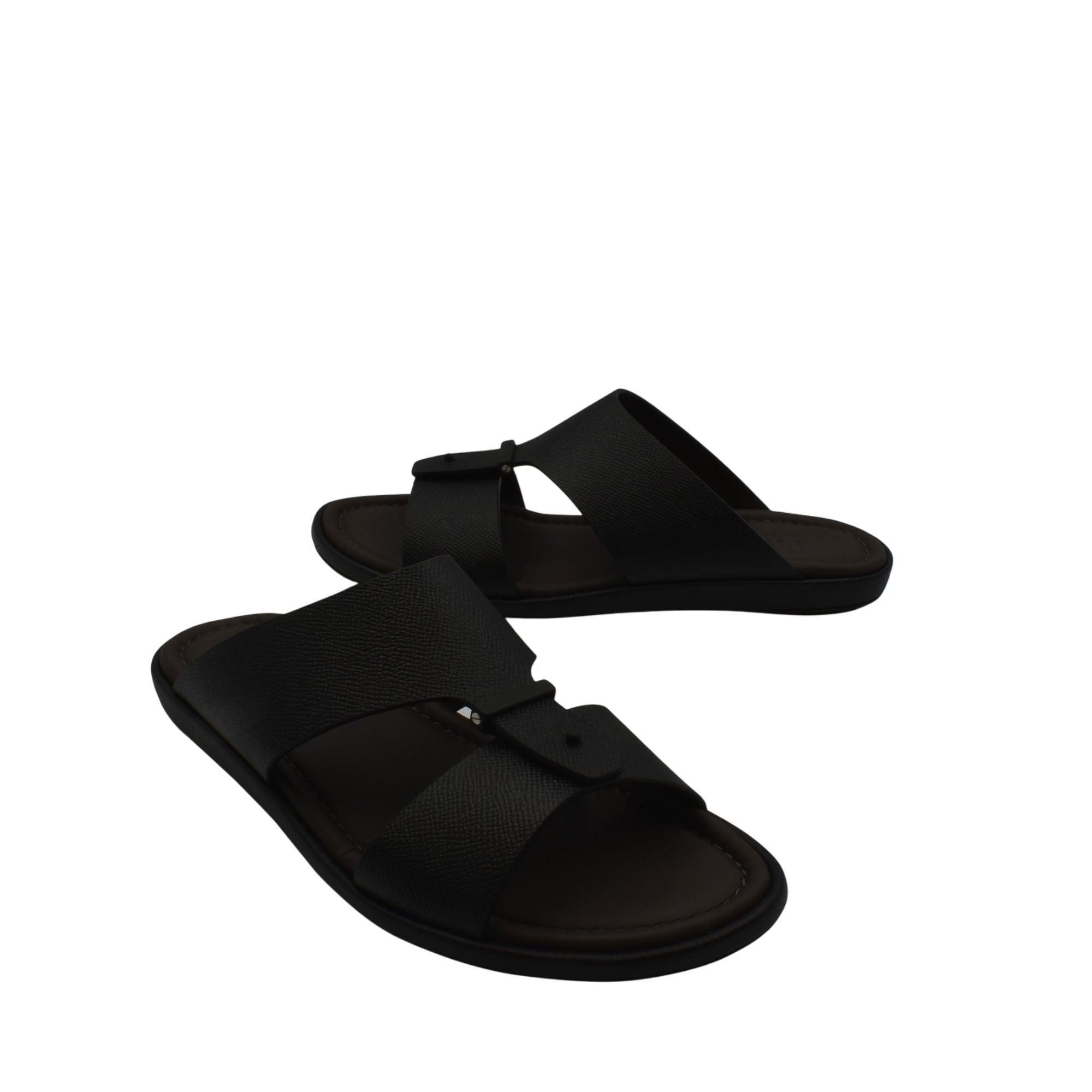 Black premium leather sandal with adjustable straps and cushioned sole for comfortable wear