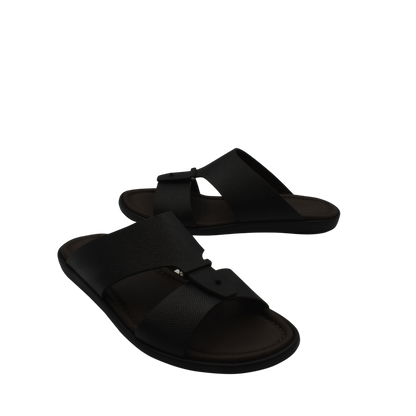 Black premium leather sandal with adjustable straps and cushioned sole for comfortable wear