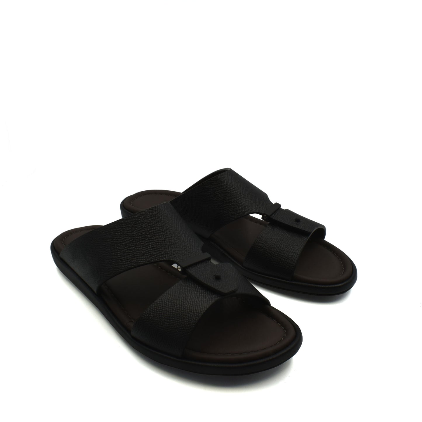 Black premium leather sandal with wide cross straps and cushioned sole for comfort