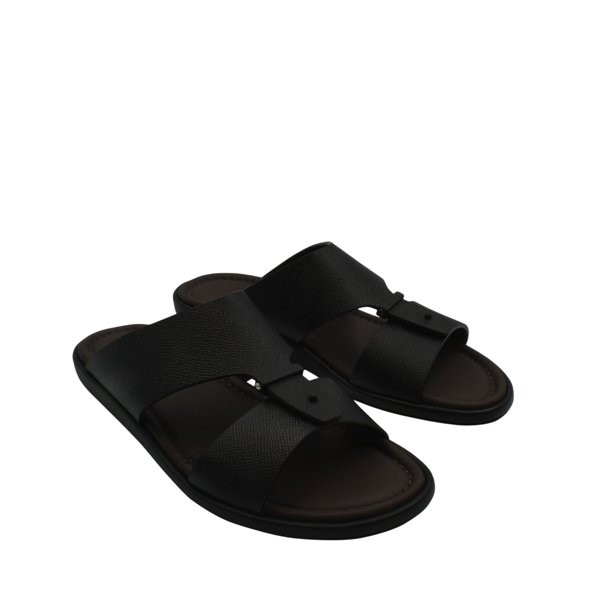 Black premium leather sandal with wide cross straps and cushioned sole for comfort