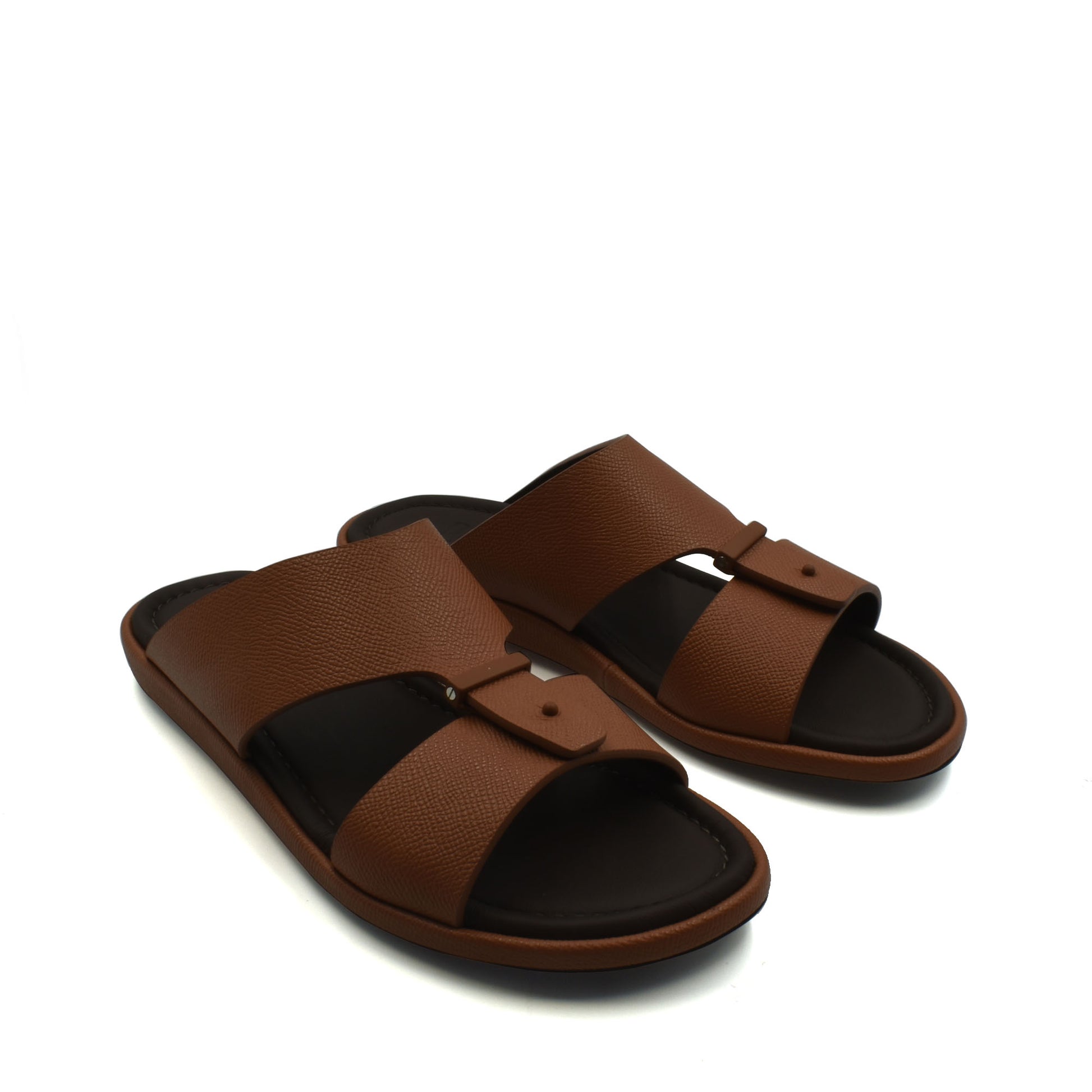 Brown premium leather sandal with black cushioned sole and adjustable strap design