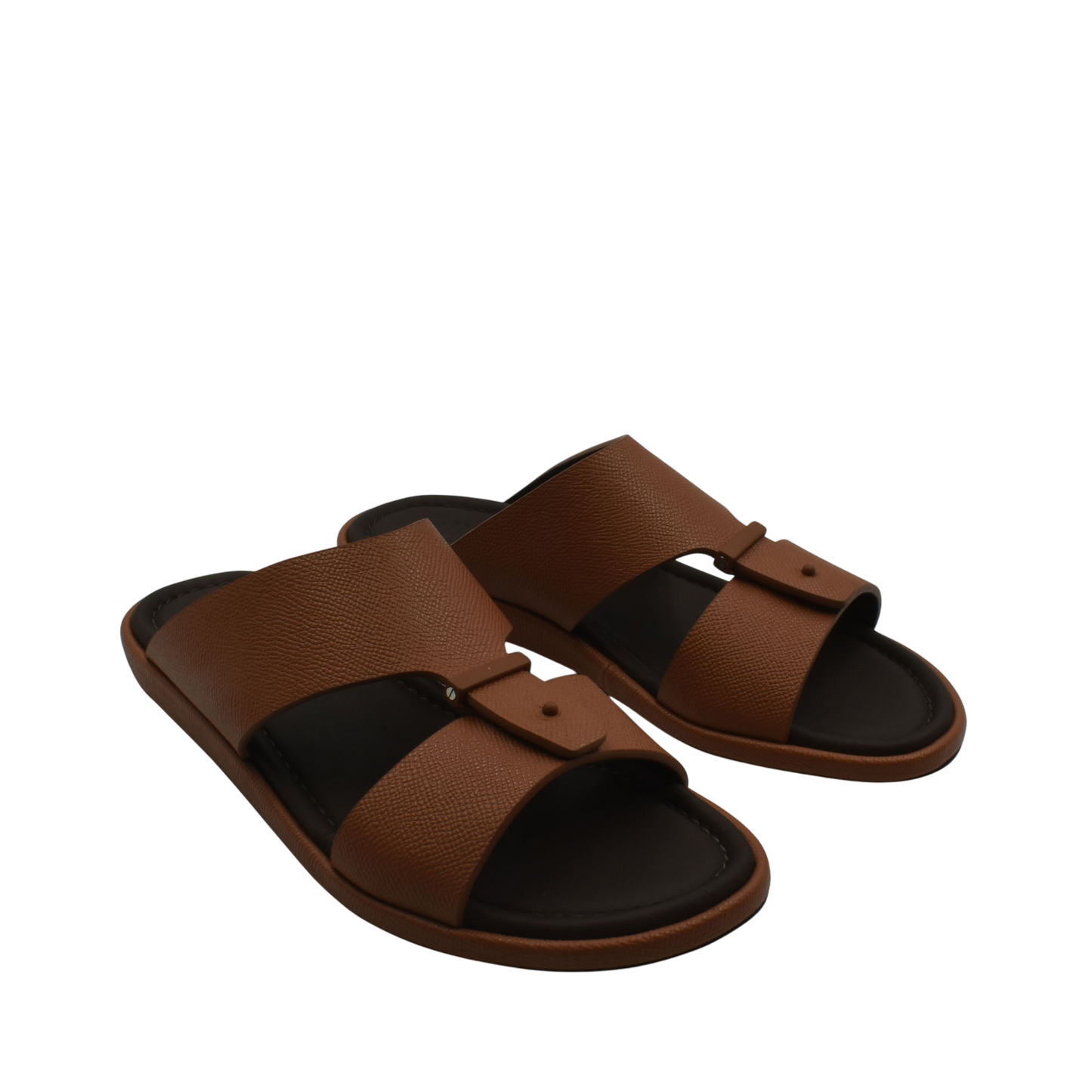Brown premium leather sandal with black cushioned sole and adjustable strap design