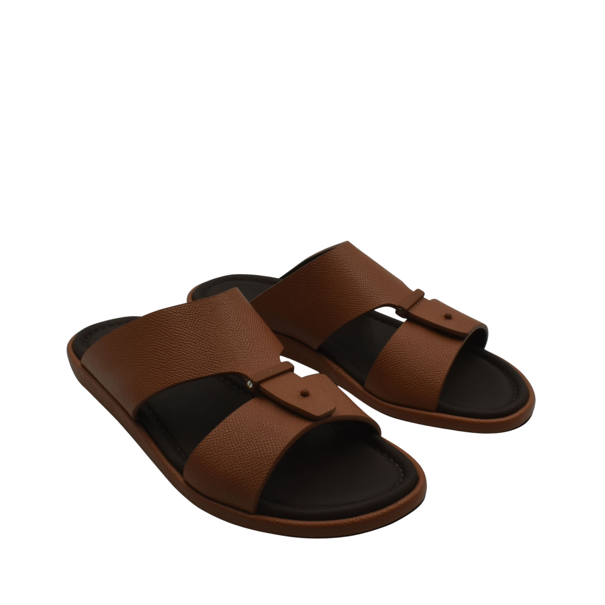 Brown premium leather sandal with black cushioned sole and adjustable strap design
