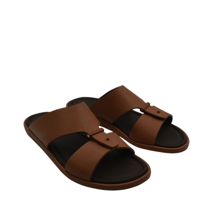 Brown premium leather sandal with black cushioned sole and adjustable strap design