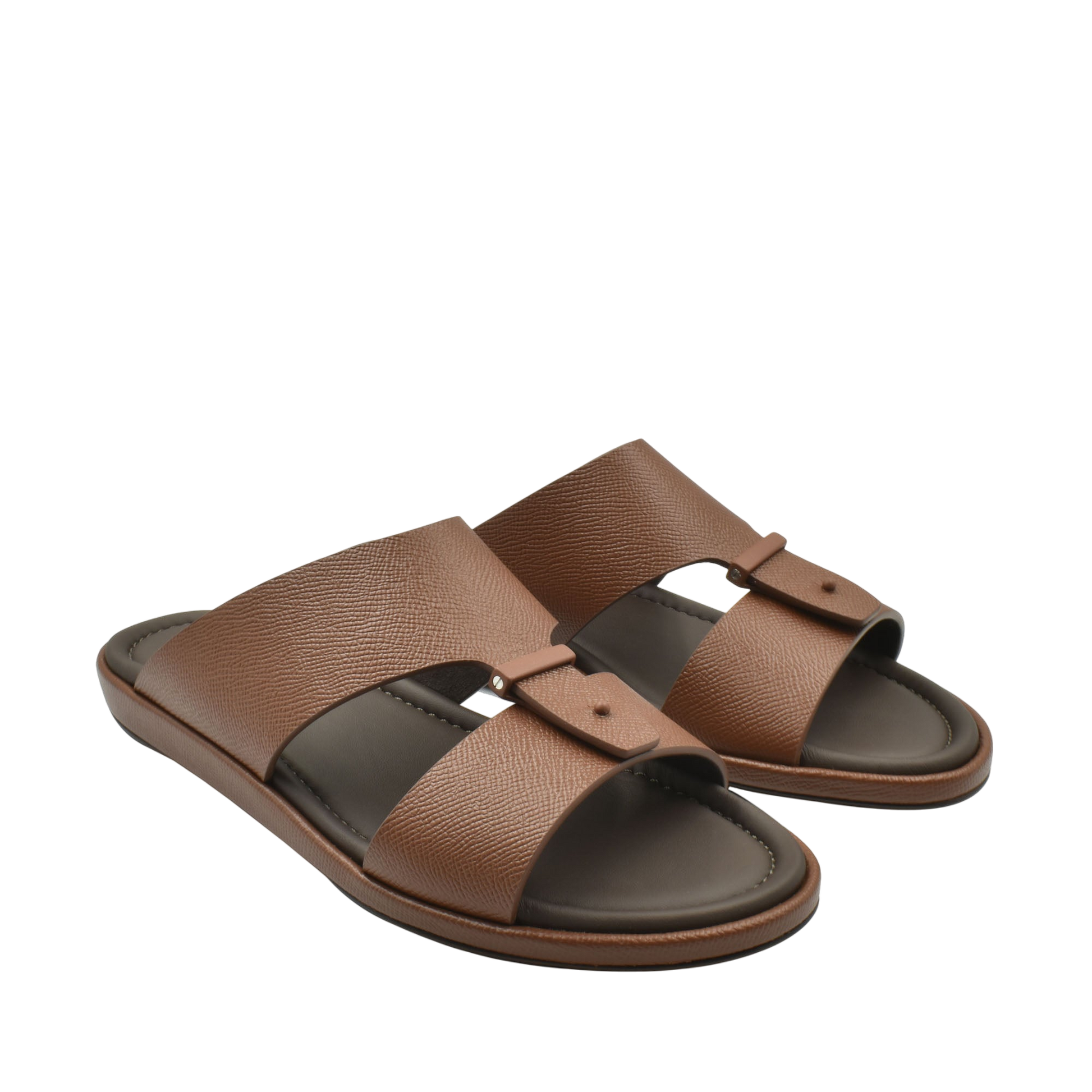 Brown premium leather sandal with dual straps and cushioned footbed for comfortable wear