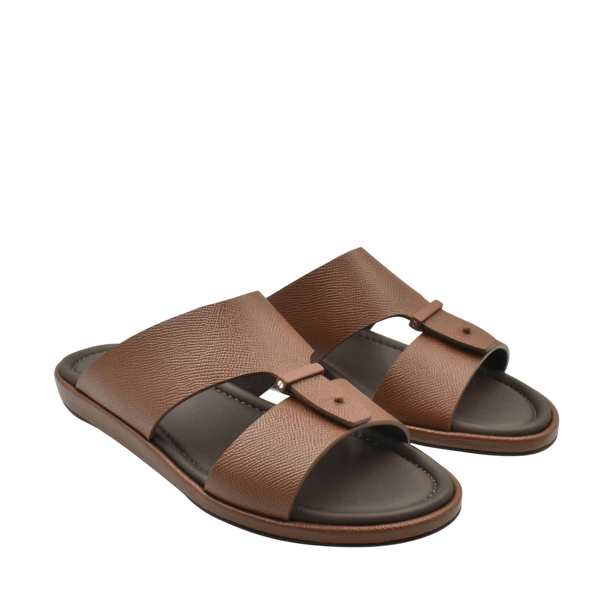 Brown premium leather sandal with dual straps and cushioned footbed for comfortable wear
