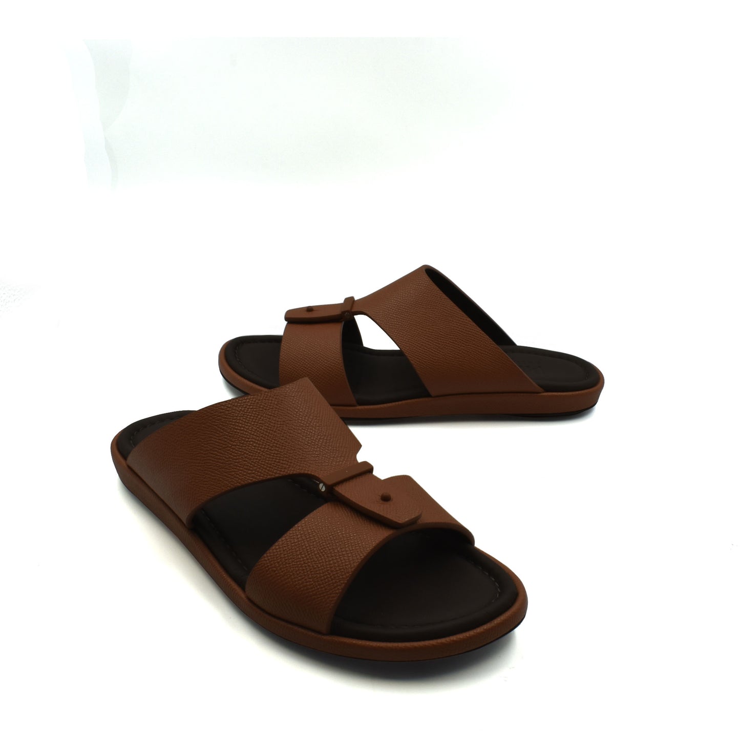 Brown premium leather sandal with adjustable straps and cushioned black footbed for comfort