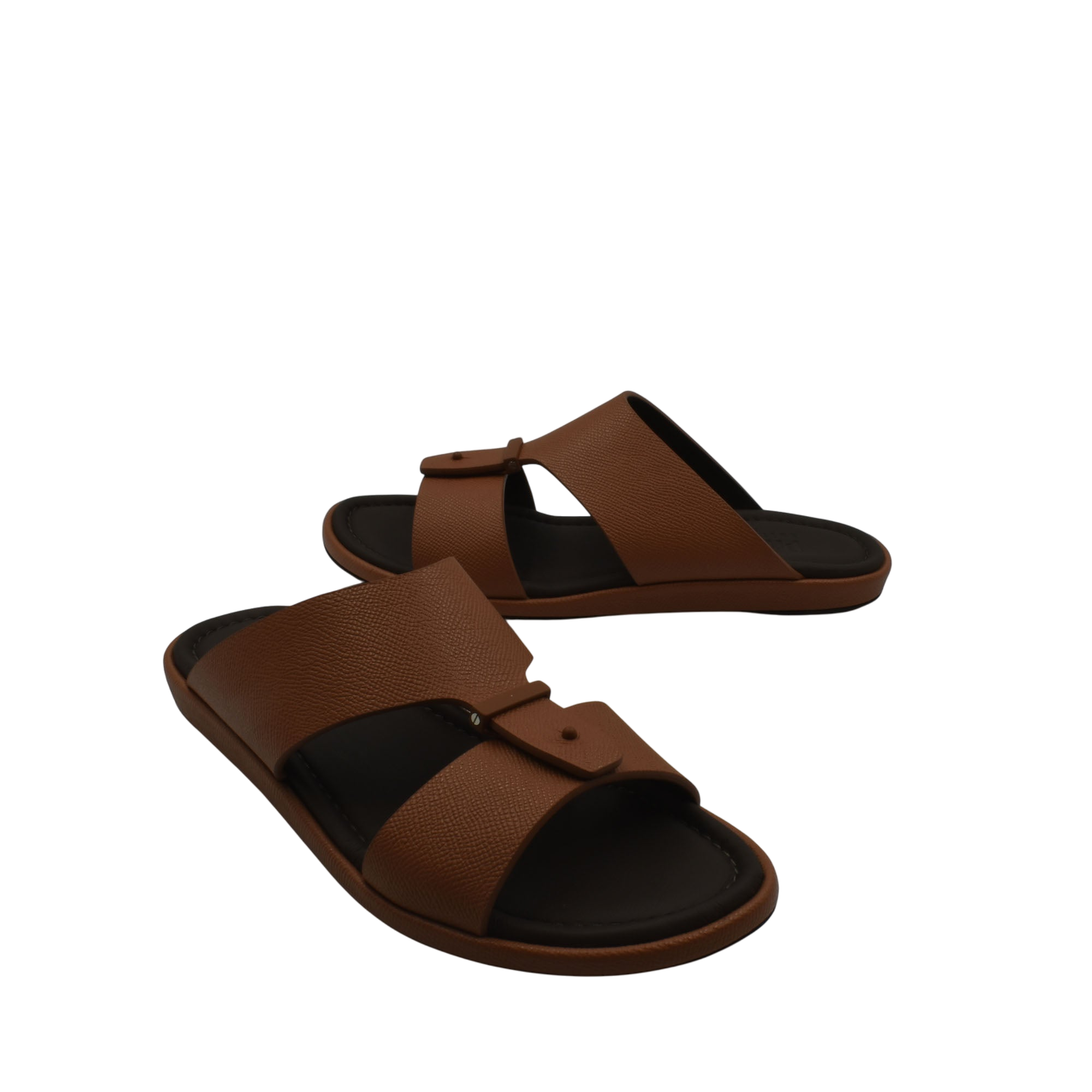 Brown premium leather sandal with adjustable straps and cushioned black footbed for comfort