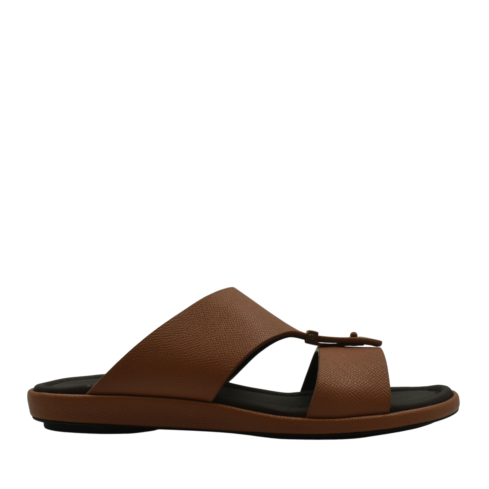 Brown premium leather sandal with adjustable strap and black cushioned sole for comfortable wear