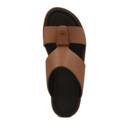 Brown premium leather sandal from Private Collection with crisscross straps and cushioned black sole