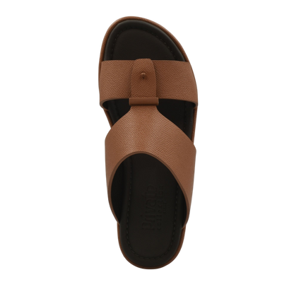 Brown premium leather sandal from Private Collection with crisscross straps and cushioned black sole