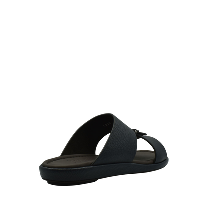 Black premium leather sandal with cushioned sole and open toe design from Private Collection