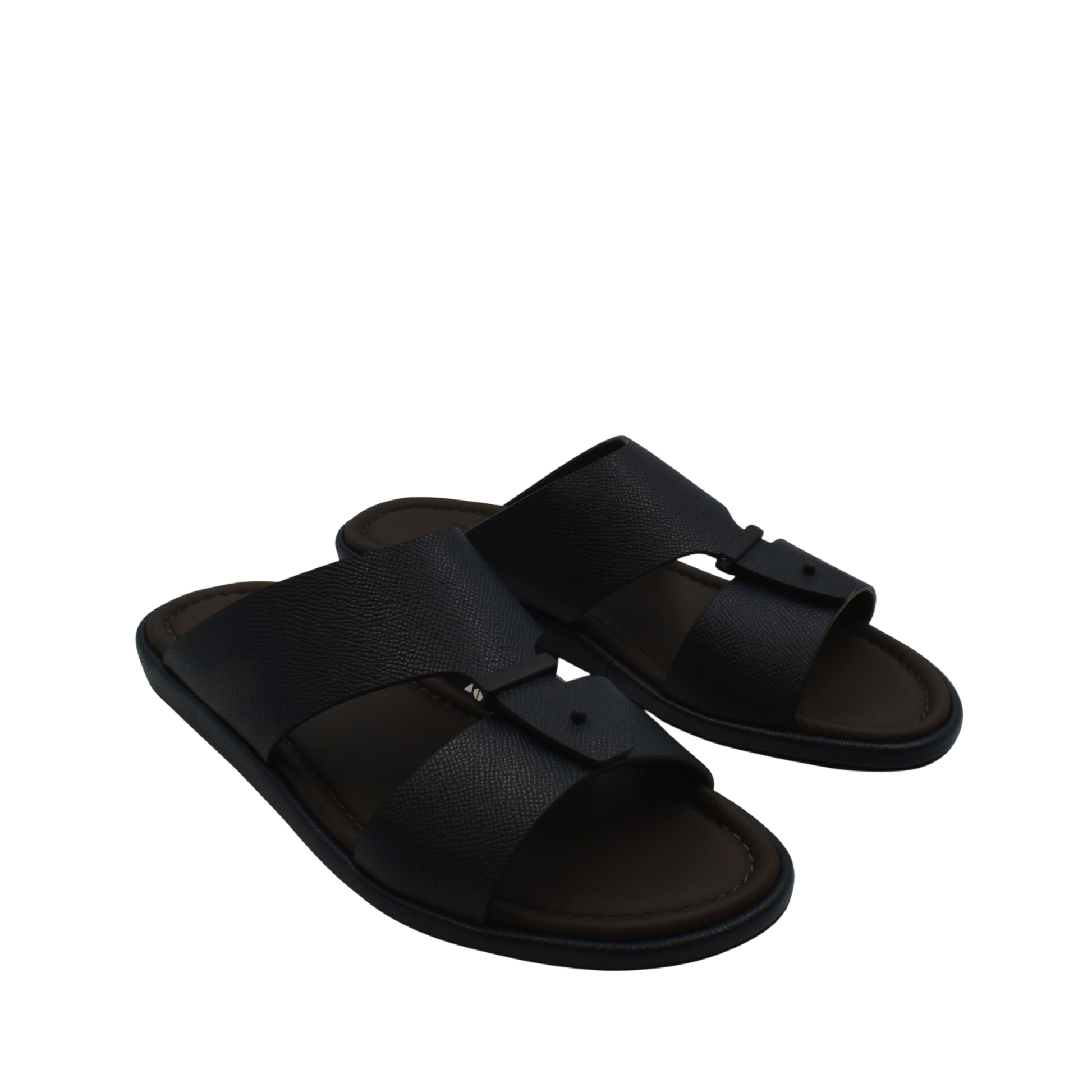 Black premium leather sandal with wide straps and cushioned sole for comfortable wear