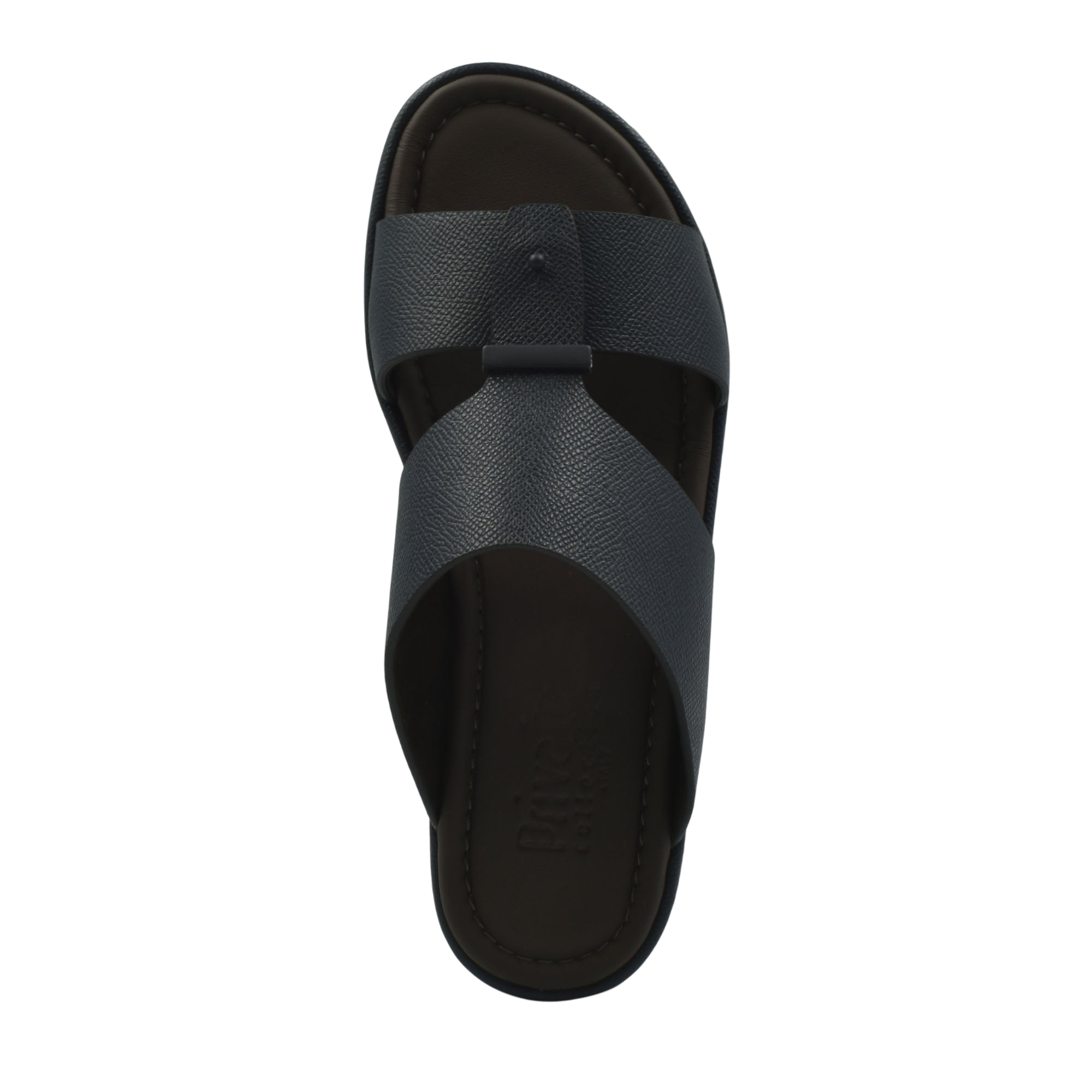 Top view of black premium leather sandal with wide crossover straps and cushioned footbed
