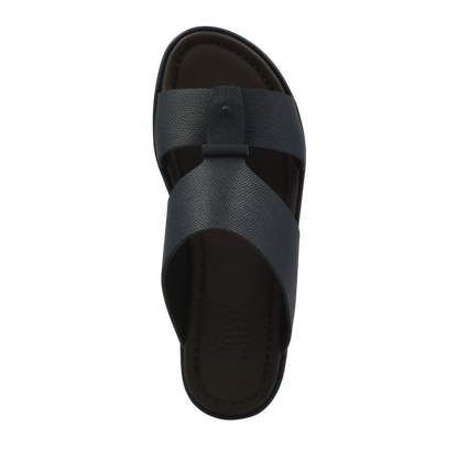 Top view of black premium leather sandal with wide crossover straps and cushioned footbed