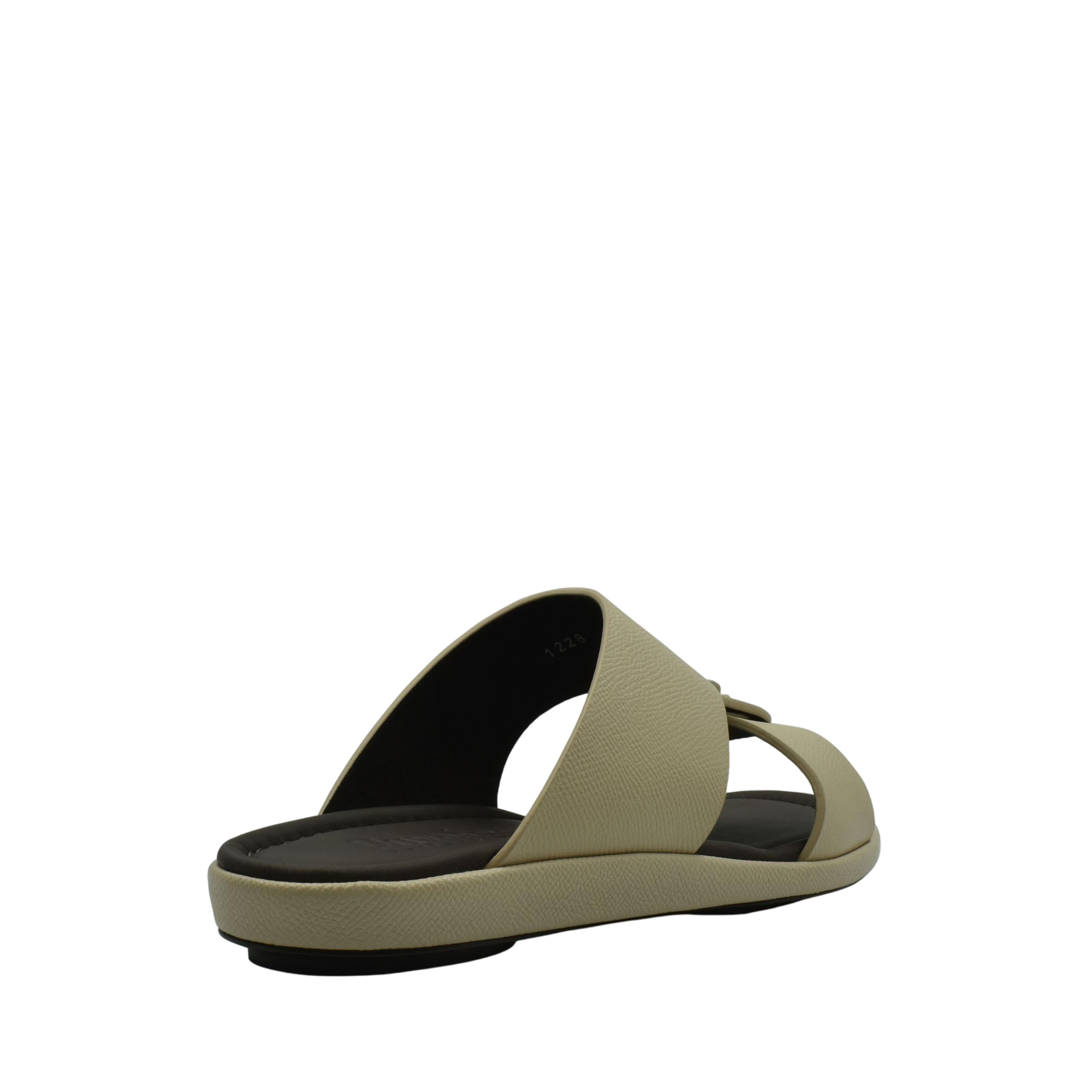 Beige premium leather sandal with open toe and cushioned black sole from Private Collection