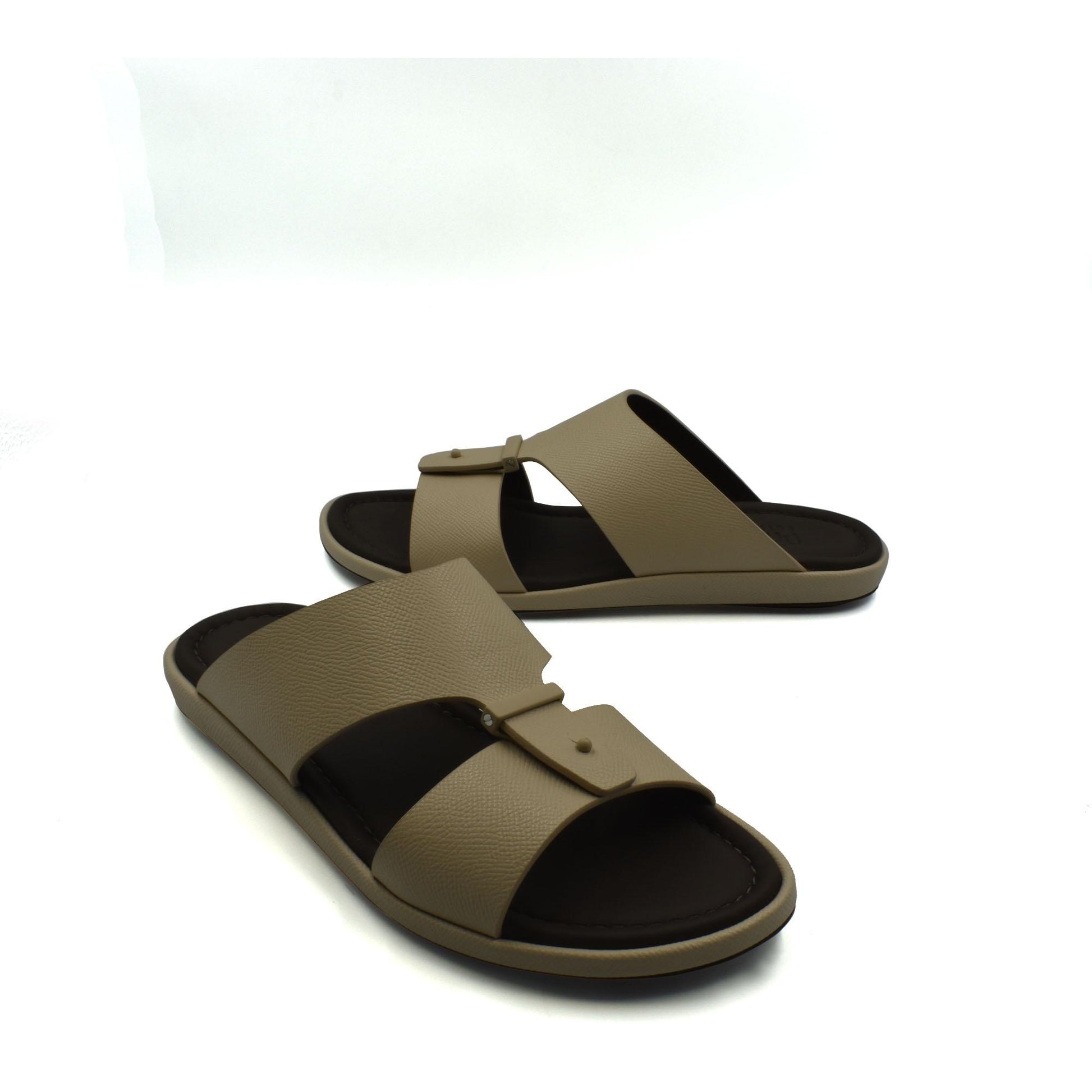 Beige premium leather sandal with adjustable straps and cushioned black footbed for comfort