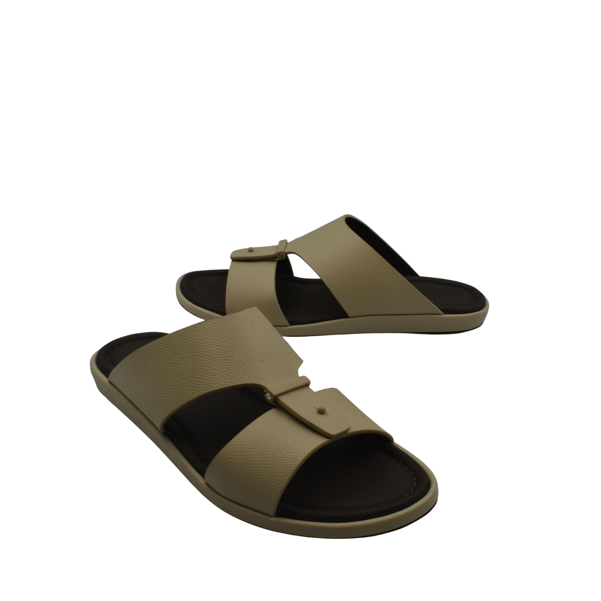 Beige premium leather sandal with adjustable straps and cushioned black footbed for comfort