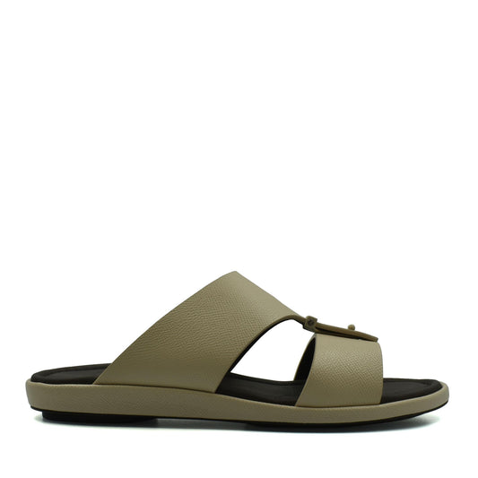 Beige premium leather sandal with open toe and cushioned black sole for comfortable wear