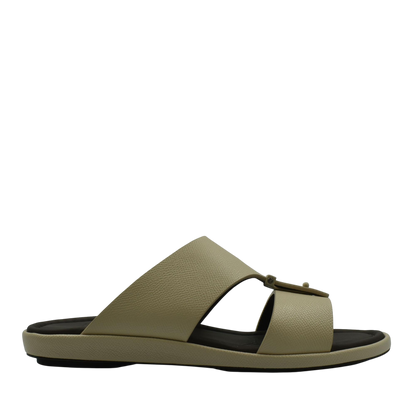 Beige premium leather sandal with open toe and cushioned black sole for comfortable wear