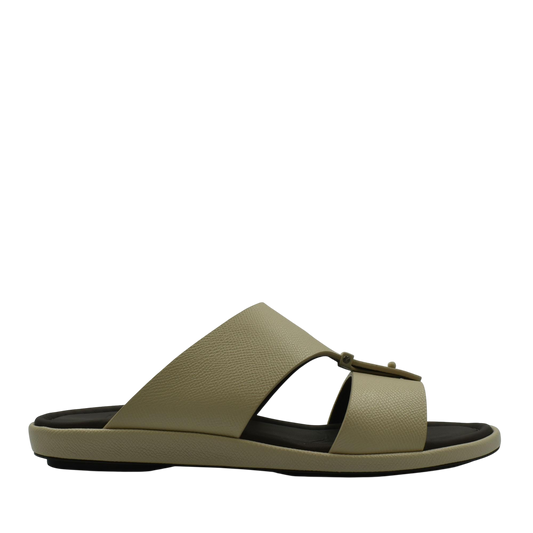 Beige premium leather sandal with open toe and cushioned black sole for comfortable wear