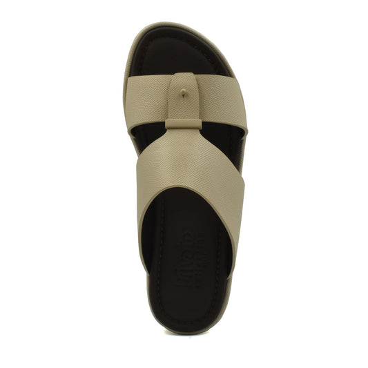 Top view of beige premium leather sandal with black footbed from private collection