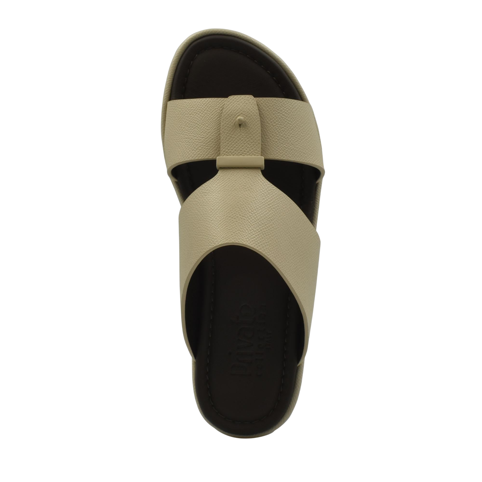 Top view of beige premium leather sandal with black footbed from private collection