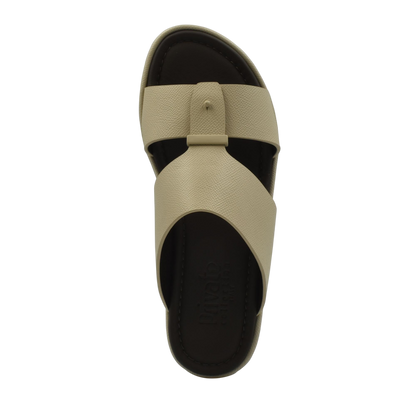 Top view of beige premium leather sandal with black footbed from private collection