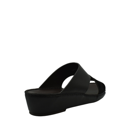 Black open-toe premium Nappa leather shoes with a low wedge heel and slip-on design