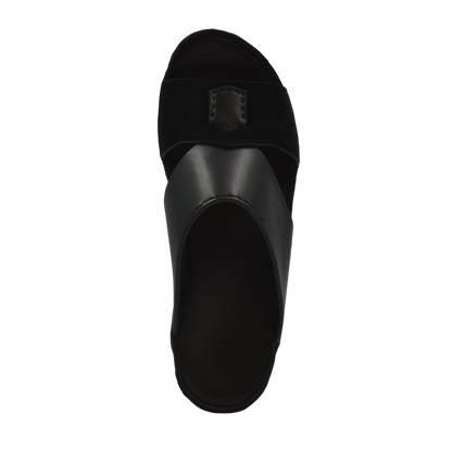 Top view of black premium Nappa leather shoes slide sandal with wide straps and smooth finish
