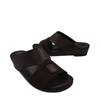 Pair of dark brown premium Nappa leather shoes slip-on sandals with wide straps