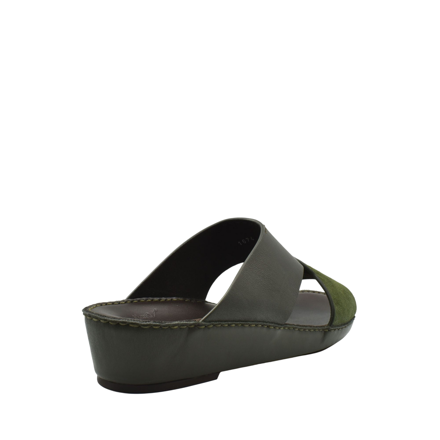 Olive green premium Nappa leather shoes with open toe and low wedge heel from Private Collection