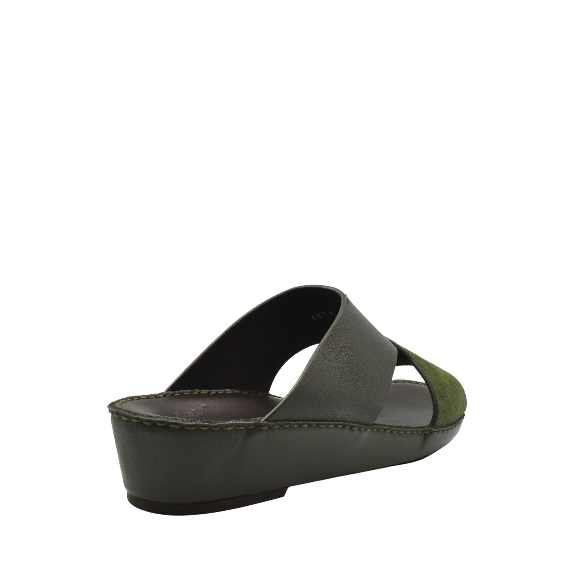 Olive green premium Nappa leather shoes with open toe and low wedge heel from Private Collection